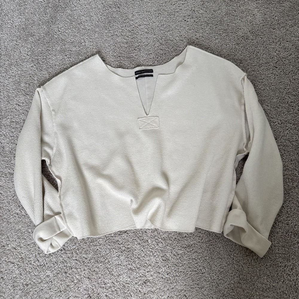 Urban Outfitters Ivory Waffle Knit Split Neck Thermal Top Small Cream Ribbed
